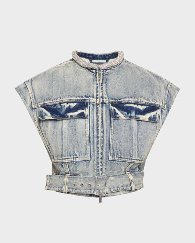 Crystal-Neck Denim Crop Vest